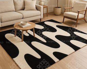 Hand Tufted Wool Area Rug, Black & Cream Abstract Rug, Modern Organic Shape Rug,Contemporary Minimalist Carpet For Living Room Statement Rug