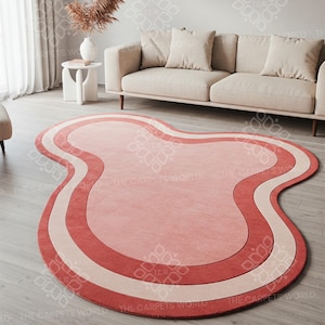 Wavy Abstract Shag Rug–Retro Pink,Red & Blush Area Rug,Handmade Custom Rug For Modern Living Room,Bedroom,Home Decor Funky Organic Shape 5x5
