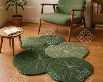 Green Leaf Shaped Rug – Hand Tufted Wool Carpet – Botanical Nature Area Rug For Reading Nook, Living Room or Bedroom Décor Abstract 8x8 Rug