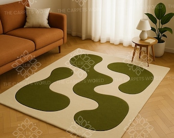 Modern Abstract Hand Tufted Wool Rug, Green Ivory Wavy Area Rug, Minimalist Home Decor