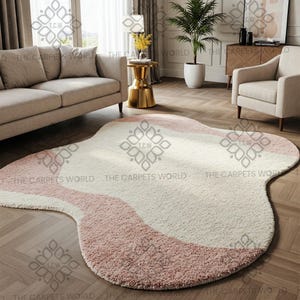 Modern Abstract Wavy Area Hand Tufted Wool Rug– Soft Cream & Blush Pink Rug, 7x7 Irregular Shape Aesthetic Carpet For Living Room, Kids Room