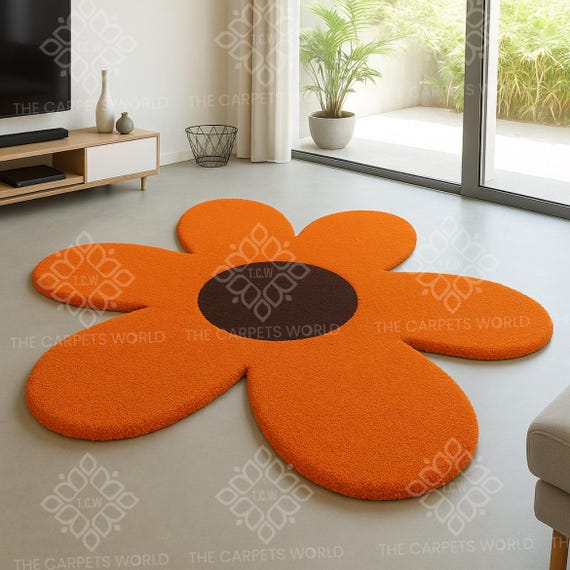 昭和レトロ　花柄オレンジラグ グルーヴィーなスタイルのレトロな花型ラグ - オレンジとブラウンの
