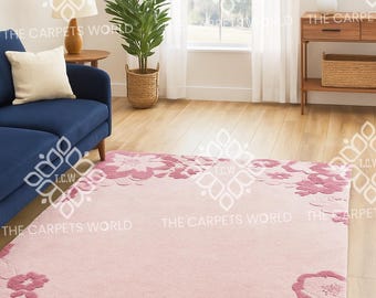 Pink Floral Hand Tufted Wool Rug, Blush Flower Area Rug, Girls Nursery Rug, Soft Pastel Floral Carpet, Kids Room Rug, Cute Bedroom Decor Rug