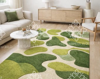 Hand Tufted Wool Rug, Moss Green Abstract Area Rug, Modern Organic Living Room Carpet