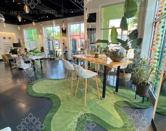Modern Organic Shape Light & Dark Green Hand Tufted Wool Rug– Wavy Nature-Inspired Handmade Custom Carpet for Living Room, Home Decor 7x7
