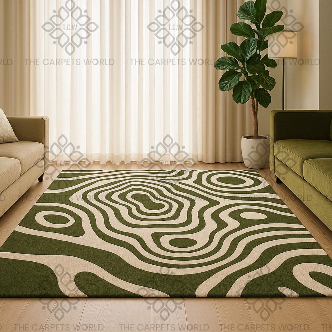 Organic Contour Rug Hand Tufted Wool Rug, Green Ivory Abstract Rug, Modern Organic Contour ...
