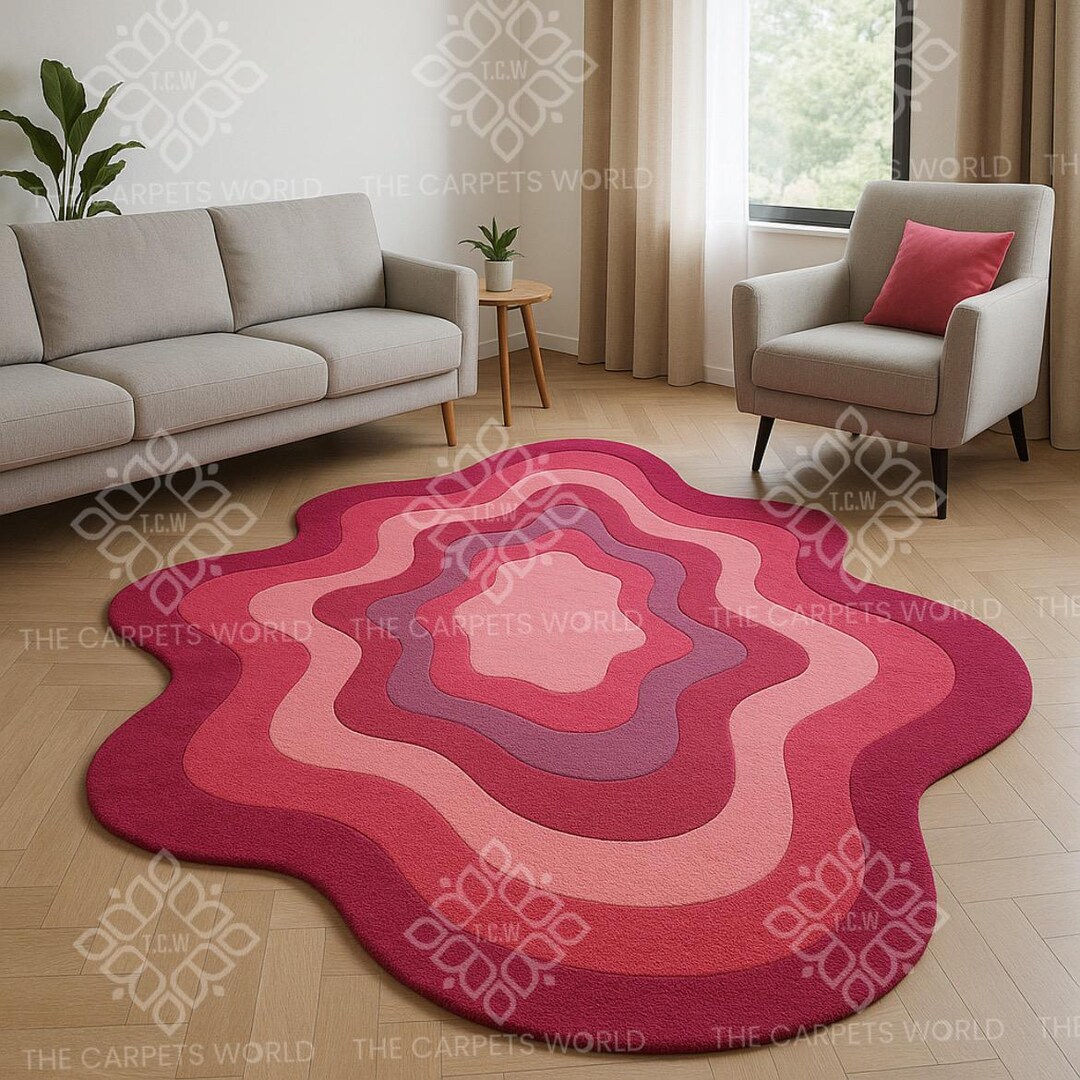 Hand Tufted Wool Rug, Pink Wavy Abstract Rug, Organic Shape Area Rug ...
