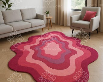 Hand Tufted Wool Rug, Pink Wavy Abstract Rug, Organic Shape Area Rug, Modern Sculptural Rug, Pink Statement Rug,Contemporary Living Room Rug