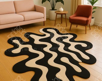 Hand Tufted Wool Rug,Black &Beige Abstract Wave Design Rug,Modern Irregular Shape Rug,Wavy Contemporary Carpet For Living Room,Bedroom Decor