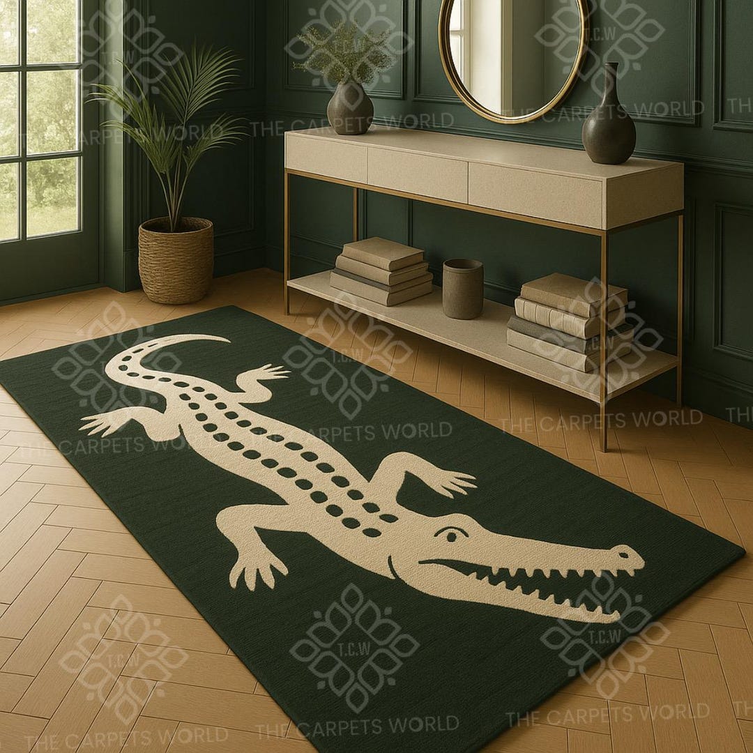 Hand Tufted Wool Crocodile Rug, Green Reptile Runner, Modern