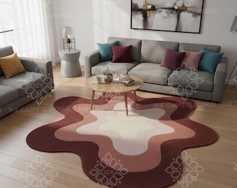 Hand Tufted Wool Abstract Organic Shape Rug - Terracotta Pink & Cream Modern Sculptural Designer Statement Living Room Carpet