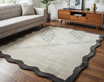 9x12 Modern Scalloped Edge Hand Tufted Wool Area Rug, Organic Shape Rug, Ivory & Charcoal Border Carpet, Minimalist Living Room Decor