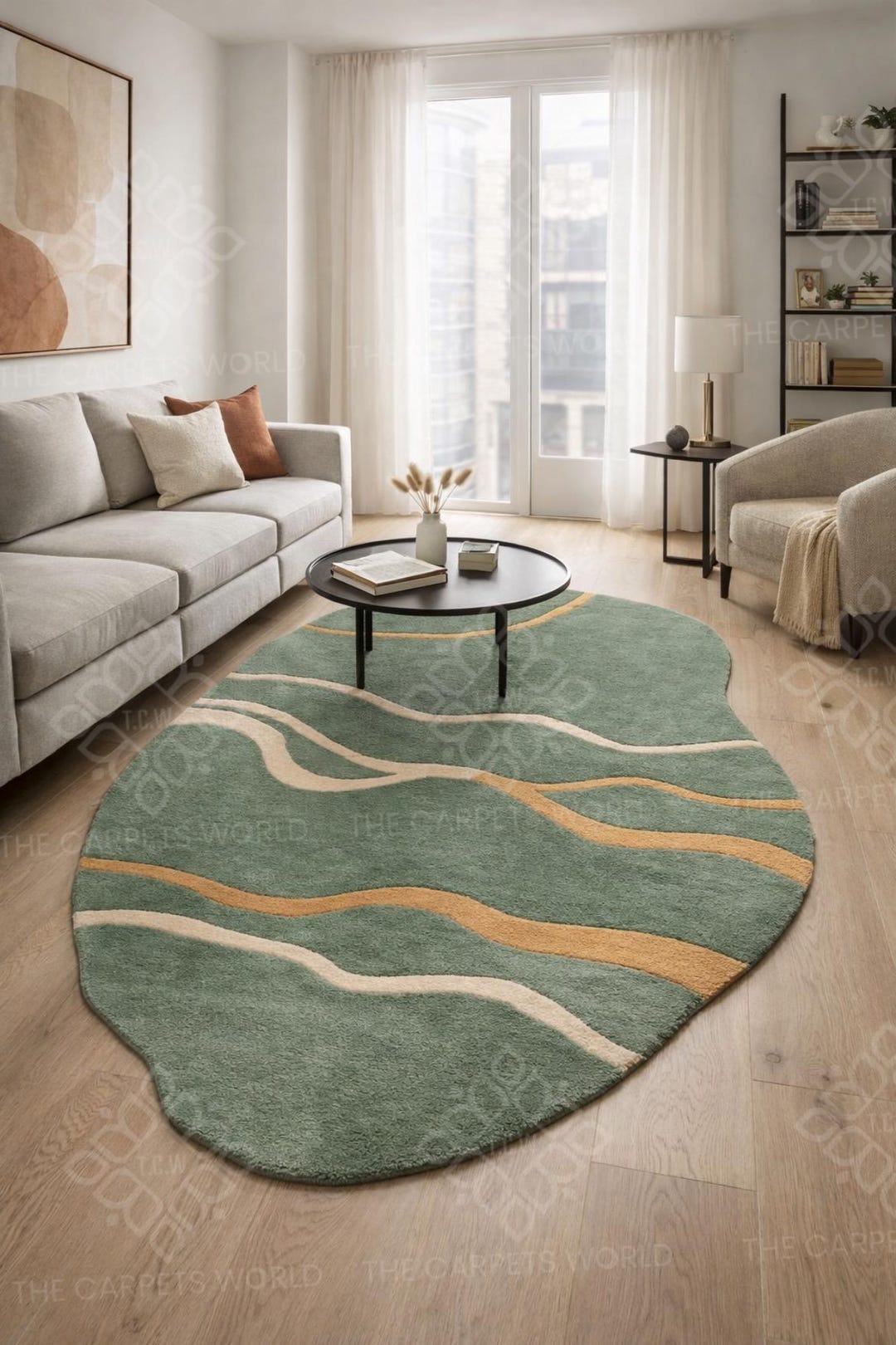 Hand Tufted Wool Rug, Abstract Sage Green Waves Rug, Modern Organic ...