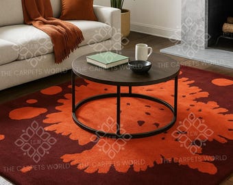 Hand Tufted Wool Rug, Rust Orange Abstract Area Rug, Modern Artistic Brown Carpet