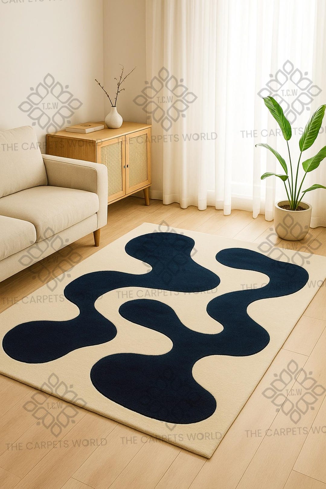 Hand Tufted Wool Rug, Modern Abstract Area Rug, Navy Blue Cream Rug ...