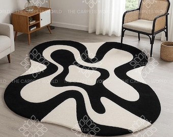 Black & Ivory Abstract Wool Rug, Hand Tufted Organic Shape Rug, Modern Irregular Area Rug, Contemporary Statement Carpet Living Room Decor