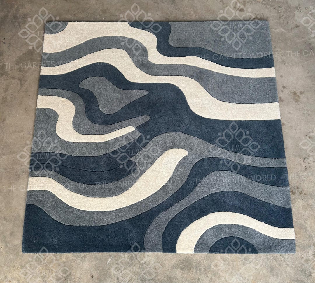 Modern Abstract Hand Tufted Wool Rug | Blue & White Area Carpet | Soft ...