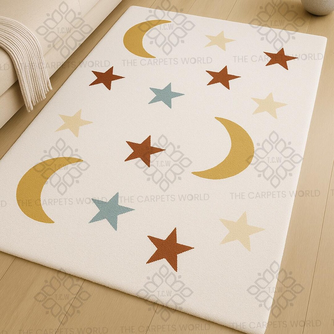 6x9 Colorful Moon & Stars Hand Tufted Rug, Celestial White Tone Nursery ...