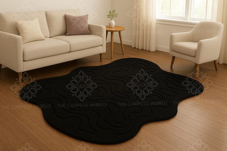 Black Abstract Hand Tufted Wool Rug, Modern Organic Shaped Rug, Carved ...