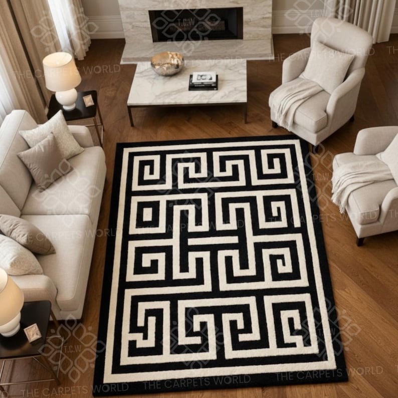 Hand Tufted Wool Greek Key Rug | Black & Ivory Modern Area Rug | Luxury ...