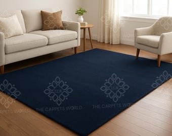 8x10 Navy Blue Solid Wool Rug, Hand Tufted Area Rug, Minimal Modern Carpet, Luxury Plain Rug, Bedroom Living Room Rug, Custom Size Rug