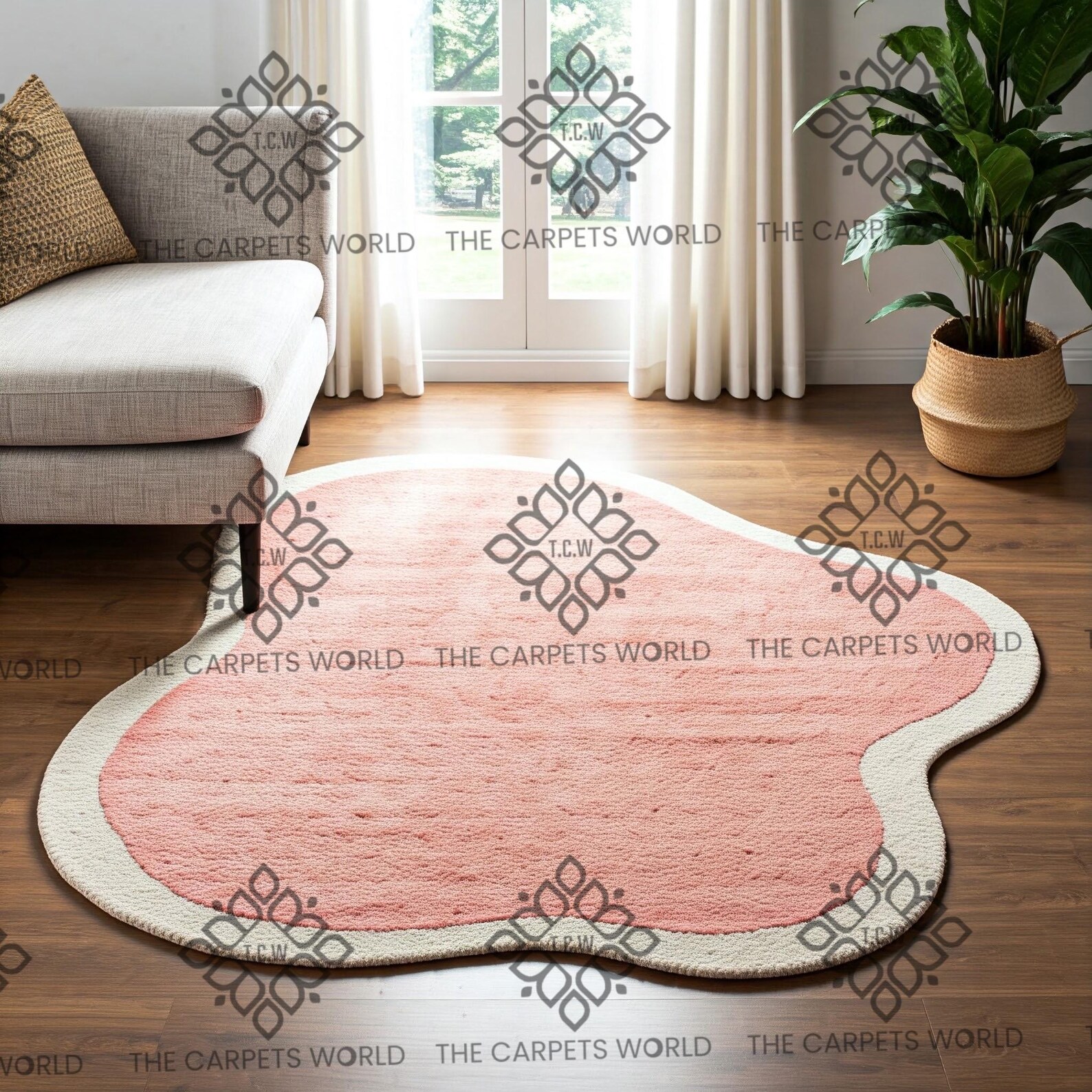 Irregular Shape Pink and Beige Area Rug, 100% Wool, Hand Tufted Custom ...