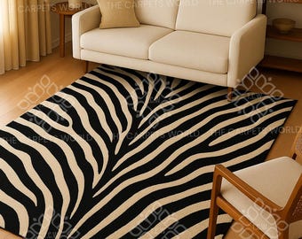 Tappeto zebrato trapuntato a mano, tappeto con stampa animalier nero e crema, tappeto moderno in lana, tappeto in stile safari, tappeto di grande impatto per il soggiorno, tappeto di design fatto a mano