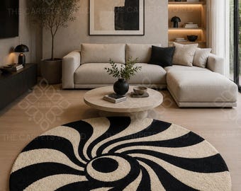 Hand Tufted Wool Round Rug, Black Cream Abstract Swirl Area Rug, Boho Modern Living Room Carpet