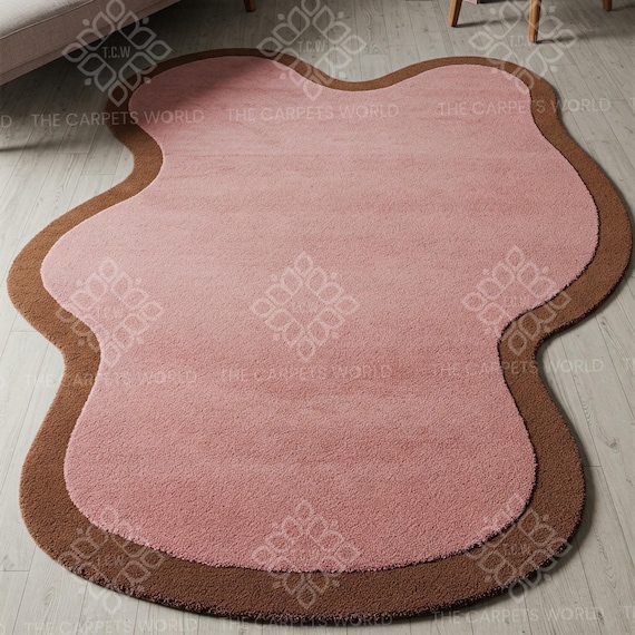 5x8 Pink Wavy Blob Rug with Brown Border–Abstract Irregular Shape Modern Aesthetic Carpet, Handmade Custom Rug For Living Room,Bedroom Decor