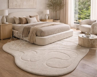 Biologisch abstract handgetuft wollen tapijt, modern gebeeldhouwd vloerkleed, neutraal beige designertapijt voor luxe eigentijdse woonkamer, slaapkamerinrichting