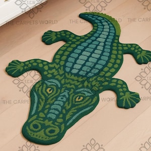 Crocodile Rugs Hand Tufted Wool Rug, Green Alligator Rug, Animal Rug, Reptile Rug, Handmade Custom Rug For Kids Room, Hallway, Nursery Décor