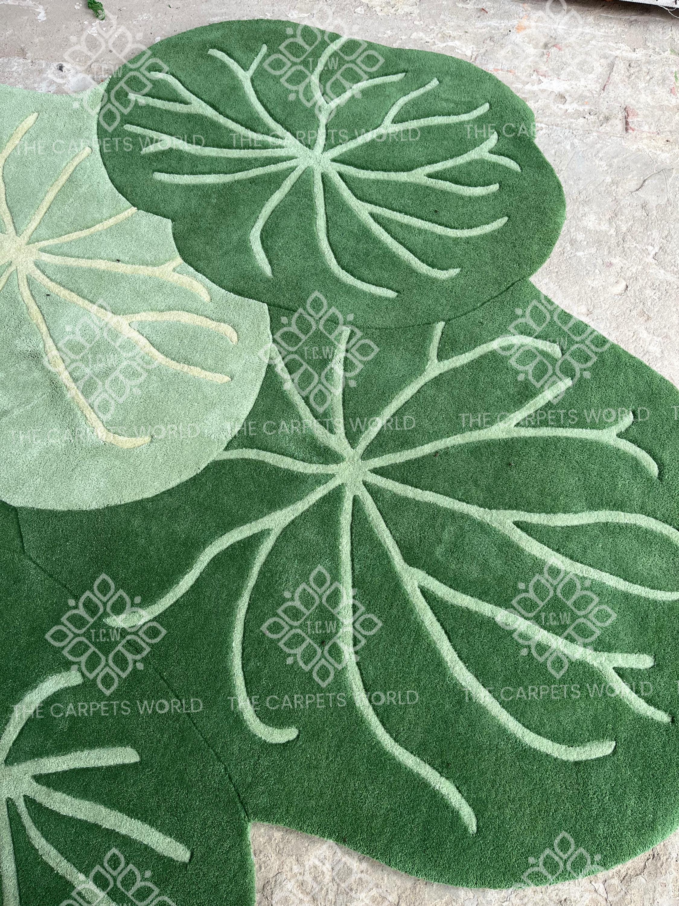 Hand Tufted Wool Leaf Rug, Botanical Green Carpet,organic Shape Carpet ...