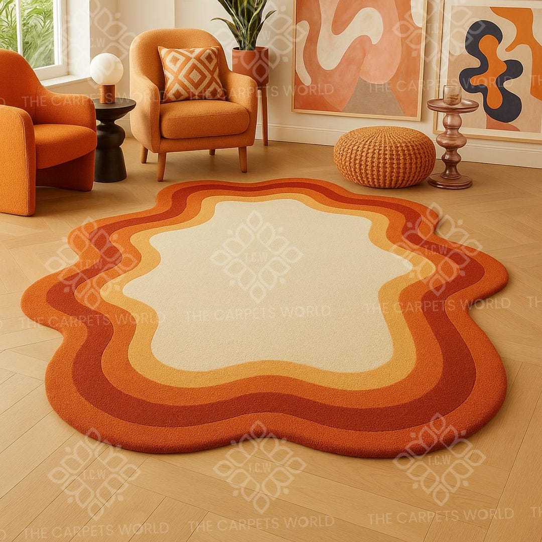 Melty Sunset Swirl Hand-tufted Wool Rug, Retro Ombre Design Terracotta ...
