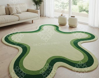 Organic Shape Green Wool Rug, Hand Tufted Modern Abstract Rug, Sculptural Area Rug, Contemporary Designer Carpet, Luxury Living Room Carpet
