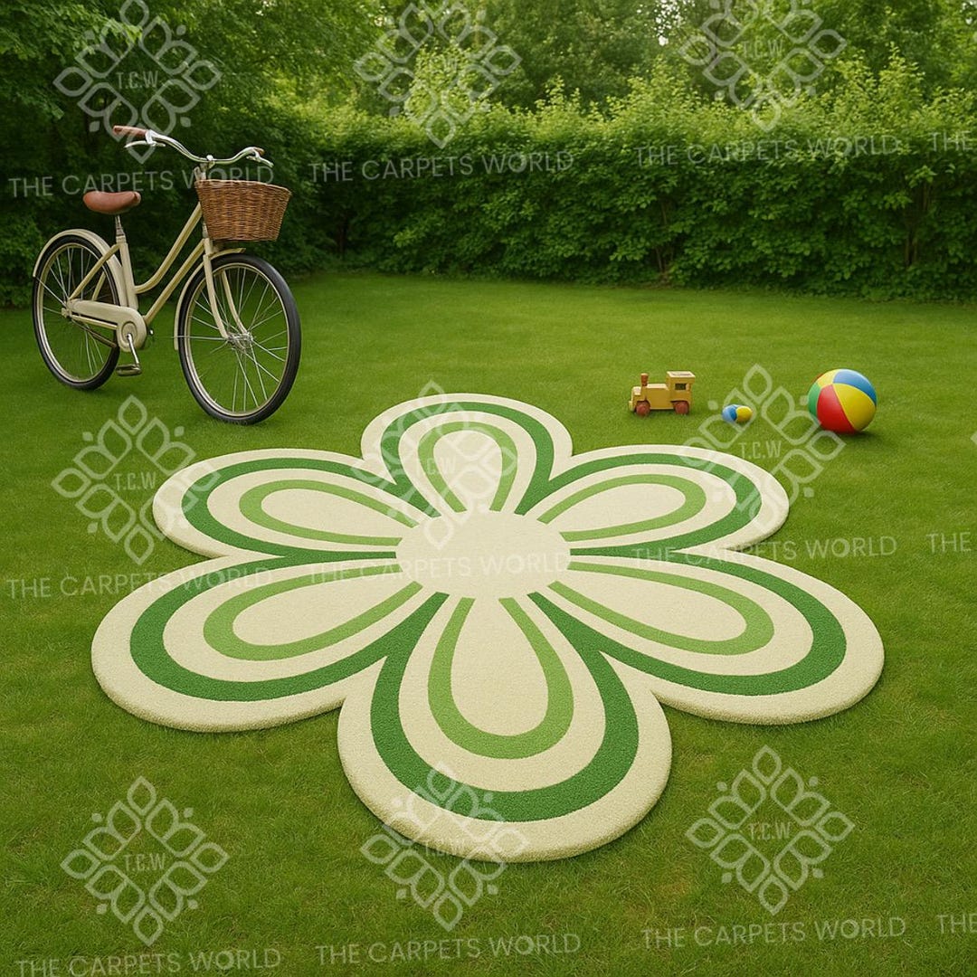 Retro Bloom Flower Rug– Groovy Green Petal Round Shape Rug, Nature ...