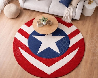 Round Patriotic Shield Rug, Hand Tufted Wool Area Rug, Hero Inspired Kids Room Carpet, Red Blue Star Living Room Decor