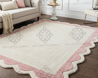 Alfombra de lana tejida a mano de 8 x 10 en tonos crema y rosa ruborizado, con borde festoneado, moderna para sala de estar, suave y afelpada, hecha a mano.