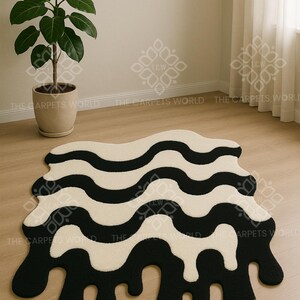 Black & Ivory Wave Pattern Rug,Handmade Abstract Modern Wool Carpet,Wavy Melting Shape Living Area Rug, Hand-Tufted Minimalist Statement Rug
