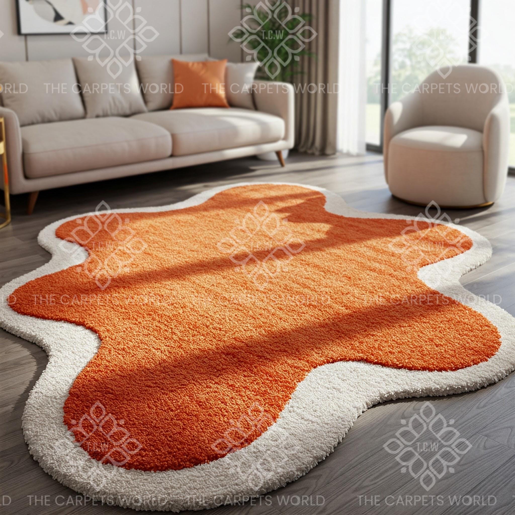 8x8 Groovy Splash Shag Rug – Retro Orange & White Abstract Carpet