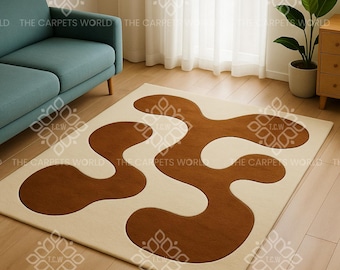 Modern Abstract Hand Tufted Wool Rug,Cream & Brown Organic Shape Rug,Contemporary Designer Rug,Minimalist Living Room Scandinavian Style Rug