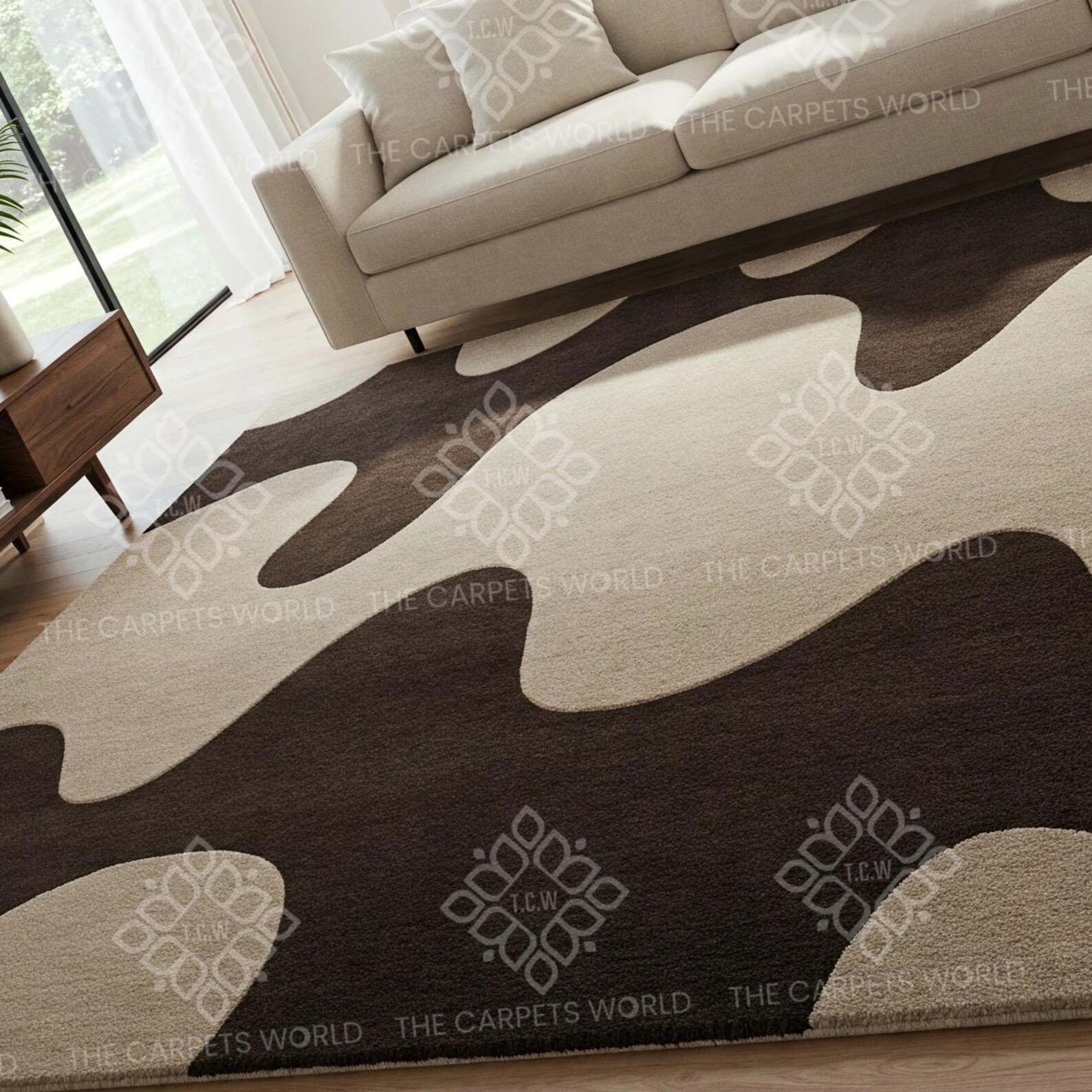 Modern Abstract Rug- Beige & Brown Wavy Pattern,designer Hand Tufted ...