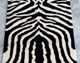 Tappeto in lana tuftato a mano con stampa zebra, tappeto con stampa animalier nero e avorio, tappeto moderno in stile safari, tappeto di lana di lusso per soggiorno