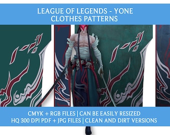 May include: Digital artwork featuring a character from League of Legends, Yone, with a red mask and swords. The image includes patterns in teal, red, and white, with text that reads "LEAGUE OF LEGENDS - YONE CLOTHES PATTERNS". Additional text indicates file types and versions.