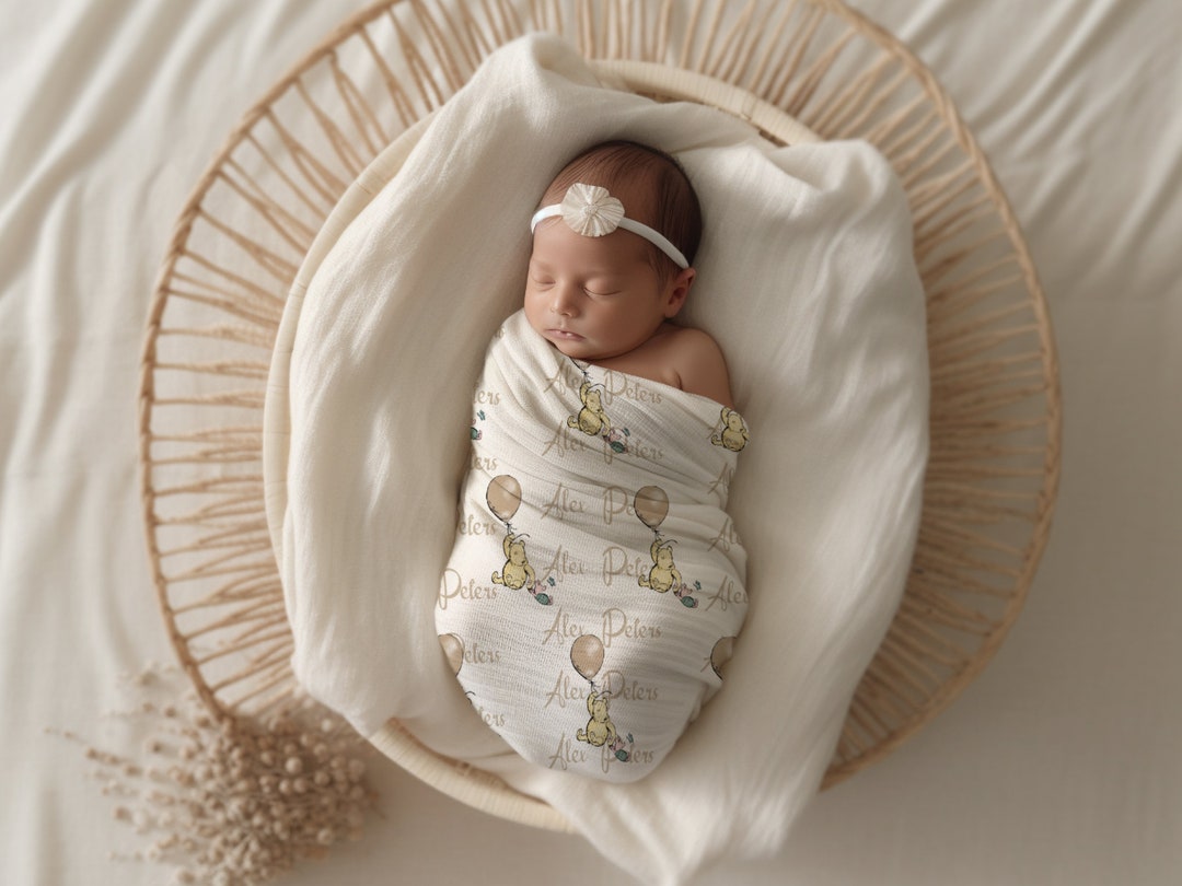 Swaddle Blanket With Name and Hat or Bow Custom Winnie the Pooh Swaddle