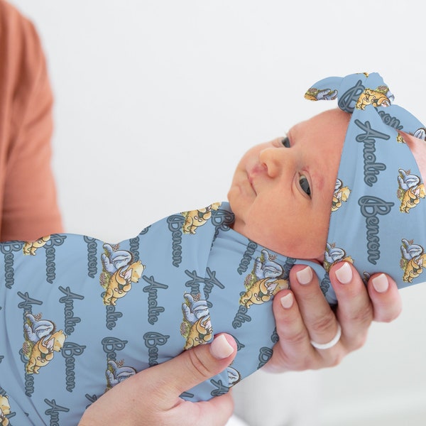 Personalized Winnie the Pooh Headband Hat and Swaddle Blanket Custom Baby Swaddle Bow Knotted Bennie with Name Pooh Bear Swaddle Gift Set