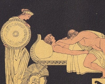 Lámina de Tetis y Aquiles de 1880 - Mitos griegos, Homero, Guerra de Troya - Arte mural mitológico - 7,5 x 5 pulgadas