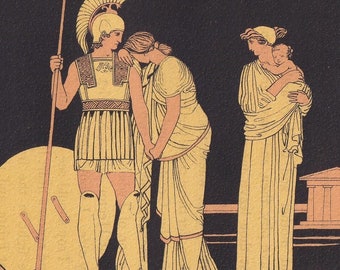 Lámina de Héctor y Andrómaca de 1880 - Mitos griegos, Homero, Guerra de Troya - Arte mural mitológico - 7,5 x 5 pulgadas