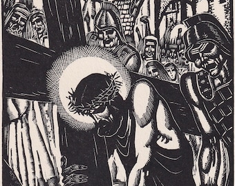 1930 JAMES REID Wood Engraving - 'Jesus Carrying the Cross' - Bible Wood Engraving - Bible Art - Christian Art - 6 x 9.15 Inches