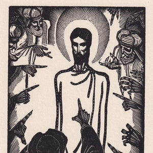 1930 JAMES REID Wood Engraving - &#39;Jesus Accused&#39; - Bible Wood Engraving - Bible Art - Christian Art - 6 x 9.15 Inches