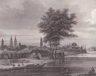 1861 WROCLAW (BRESLAU), POLEN Print - Originele antieke staalgravure - Reiskunst aan de muur - 19e eeuw - 9,3 x 6,25 inch